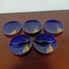 深川製磁　青い背景の鶴デザイン金彩皿5枚セット