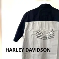 Harley-Davidson 半袖ワークシャツ 黒/灰色　刺繍　Ｍサイズ
