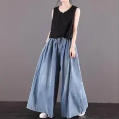 ワイドパンツ ジーンズ ブルー レディース ゆったり ガチョウ