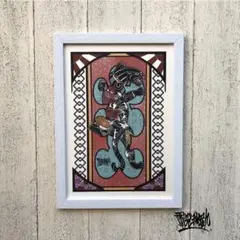 刺青画 鯉の和彫り黒豹 大入り袋 イラスト A4サイズ 白色フレーム