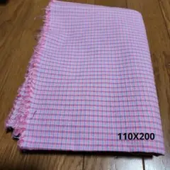 ピンクと水色と白のチェック柄 綿生地 フリンジ付き