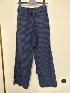 麻　コットン　ストライプ　ワイドパンツ