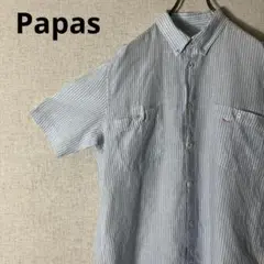 パパス Papas 半袖シャツ BDシャツ ストライプ リネンシャツ ブルー