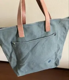 本革持ち手 キャンバス トートバッグ 水色/グレー系 マチあり 肩掛け可能