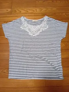 胸元レースボーダーTシャツ　М