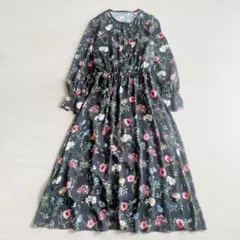 【アナイ】ワンピース　ボタニカルフラワープリント　ブラック　マルチカラー　38