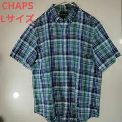 CHAPS 青系チェック柄 半袖リネンシャツ Lサイズ