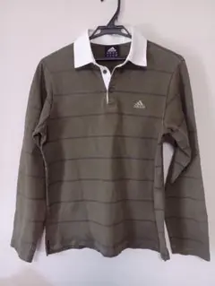 adidas ストライプ ポロシャツ 長袖 オリーブグリーン
