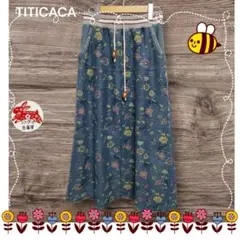 TITICACA デニムコットンスウェット生地花柄ロングスカート