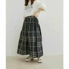 Khaki Koji チェックタフタフレアスカート　ブラック黒 ロング　ゴム