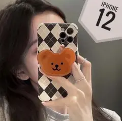 iPhone12ケース　アーガイル　くま　スマホグリップ 韓国