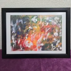 ☆障害者アート☆ 無題① 抽象画 オレンジ レッド ブルー
