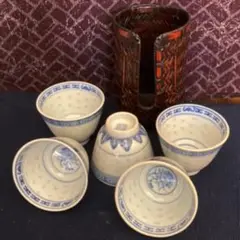 蛍蝙蝠文煎茶碗五客 景徳鎮