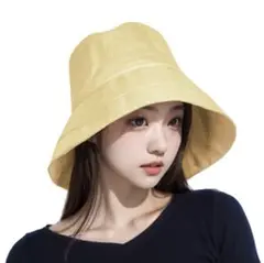 【新品未使用】UVカット 帽子 綿 麻 サイズ調節 つば広 ハット　イエロー