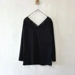 イマージュ レース Vネック 長袖 トップス ブラックM IMAGE
