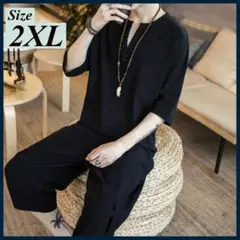 2XL 黒 上下セット ルームウェア メンズ 天然素材 半袖 甚平 ハーフパンツ
