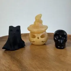 ハロウィンセット　カルサイト　かぼちゃ　オブシディアン　おばけ猫　どくろ　3点