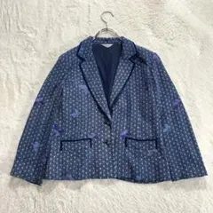 【三年坂】F 青×白 幾何学柄 蝶 ジャケット おしゃれ着 オフィス
