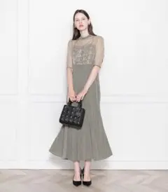 【LEJA】レース花柄透け切り替えロング丈マーメイドフレアワンピースドレス