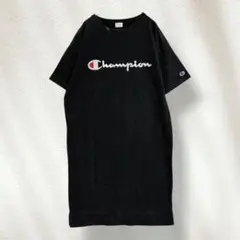 チャンピオン ロゴ刺繍 Tシャツワンピース ブラック 半袖 M 綿 2416