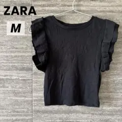 ZARA◎フリルノースリーブトップス 黒 M美品 ショート丈リブ ミニT