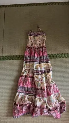 ハワイ花柄 キャミワンピース ロング丈 ピンク系