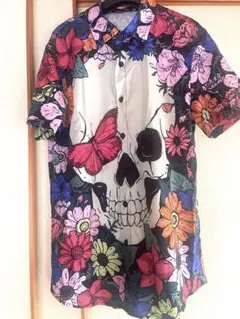 ドクロ 骸骨 スカル 花柄 柄シャツ Sサイズ