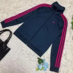 極美品　adidas ジャージ　ハイネック　袖スリーラインピンク　紺　Mサイズ