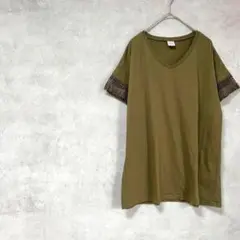 大きいサイズ　半袖　カットソー　Vネック　フリンジ　綿混　コットン　緑系　XL