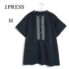 【J.PRESS】⭐刺繍 半袖ブラウス Mサイズ 紺・ネイビー ゆったり上品