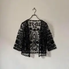 古着 シアーカーディガン コード刺繍 レース リボン黒 7分袖 結婚式 二次会