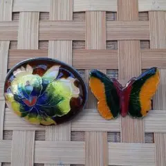 七宝焼ブローチ 花と蝶々 2個セット