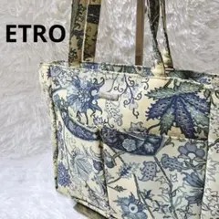 良品⭐️エトロ　キャンバストートバッグ　総柄　メタルプレート　フローラル