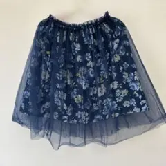 ネイビー 花柄 チュール フレアスカート　Lサイズ