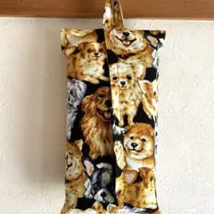 犬いっぱい柄★黒★箱無しソフトパックティシュのカバー★ゴミを減らす地球にやさしい