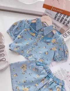 水色花柄デニム風キッズ服セット 110cm