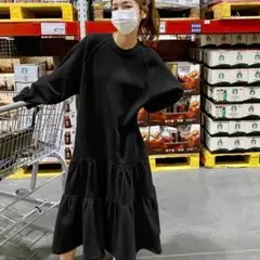 ティアードワンピースダブルフリル ロング スウェットワンピ ゆったり 体型カバー
