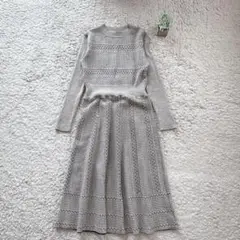 【MAGGY】編み柄ニットワンピース グレー ゆったり フレア リブ 上品 M