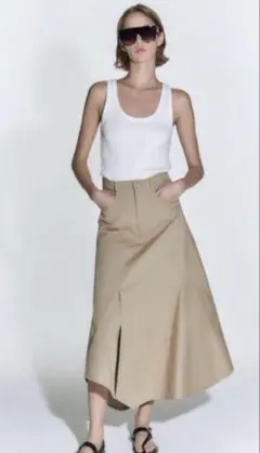 【ZARA】新品　アシンメトリーギャバジンスカート　チノ　ロングフレアスカート