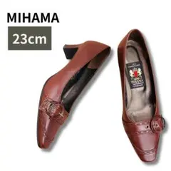 美品✨　ミハマ　パンプス　スクエアトゥ　本革　バックル　茶　24 ベルト