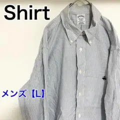 YBE4　ブルックスブラザーズ　長袖シャツ【メンズL】青ネイビー白色ストライプ