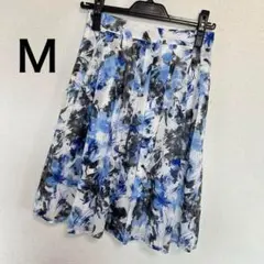 ✨美品✨フレアスカート エレガント青と黒の花柄 ひざ丈　夏　Ｍ