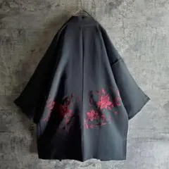 【ヴィンテージ】古着 羽織 着物カーディガン モード 刺繍 花柄 黒 赤 レトロ