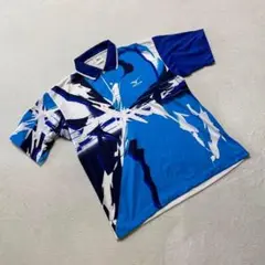 Mizuno ポロシャツ 幾何学模様 ブルー ホワイト 半袖 Lサイズ 運動