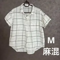 ikka チェック柄 半袖シャツ Mサイズ　綿　麻混