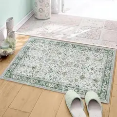 洗える玄関マット 50x80cm ペルシャ風 滑り止め 花柄グリーン