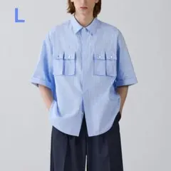 GU rokh ユーティリティシャツ 五分袖 L ブルー メンズ