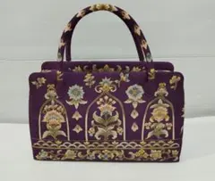 良品 OKAJIMA 岡島 利休バッグ 京友禅 シルク 花柄 紫