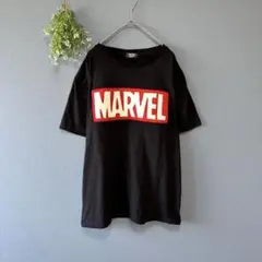 マーベル［L］もこもこロゴT　英字ロゴ　コットン混　メンズ　半袖Tシャツ　黒T