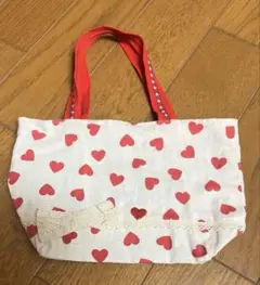 ハンドメイド　ホワイト　ハート柄　布製トートバック